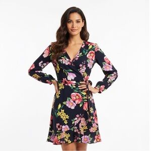 New York & Company Pink and Yellow Fit and Flare Dress with Bishop Sleeves